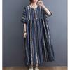 Cotton Linen Plus Size Striped Dresses Short Sleeve Round Neck Women Casual Loose Long Summer Dress
