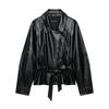 Womens Long Sleeve Collared Faux Leather Belted Jacket Black Casual Commute Style