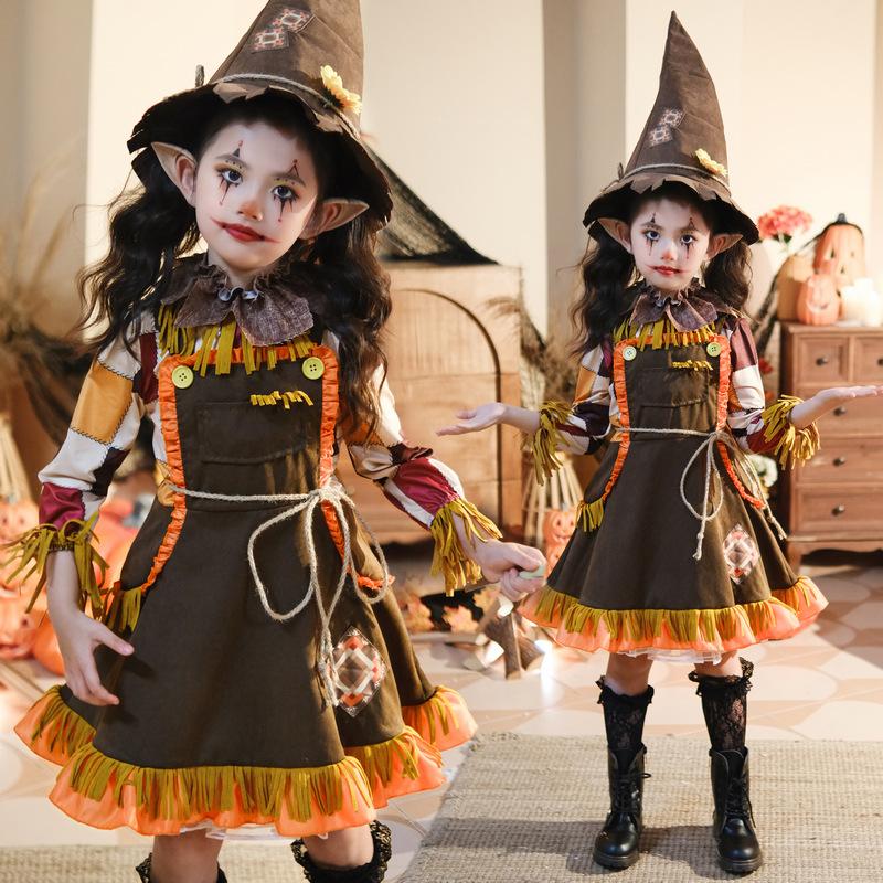 Girls Scarecrow Halloween Costume Dress with Hat and Accessories Polyester