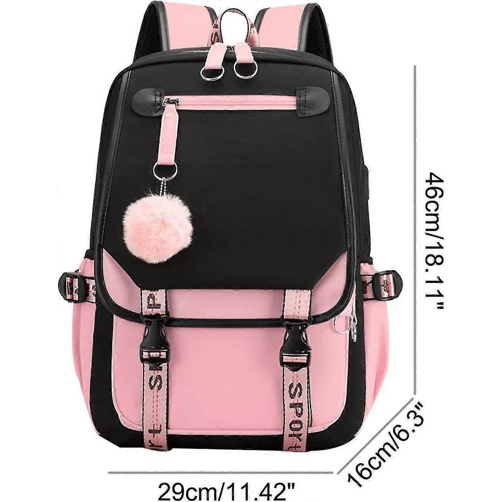 Teenage Girls' Backpack Middle School Students Bookbag Outdoor Daypack With Usb Charge Port, Black Pink