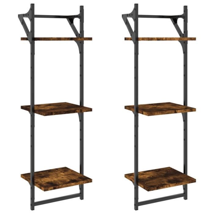VidaXL 3-Tier Wall Shelves with Bars 2 Pcs Smoked Oak 836260
