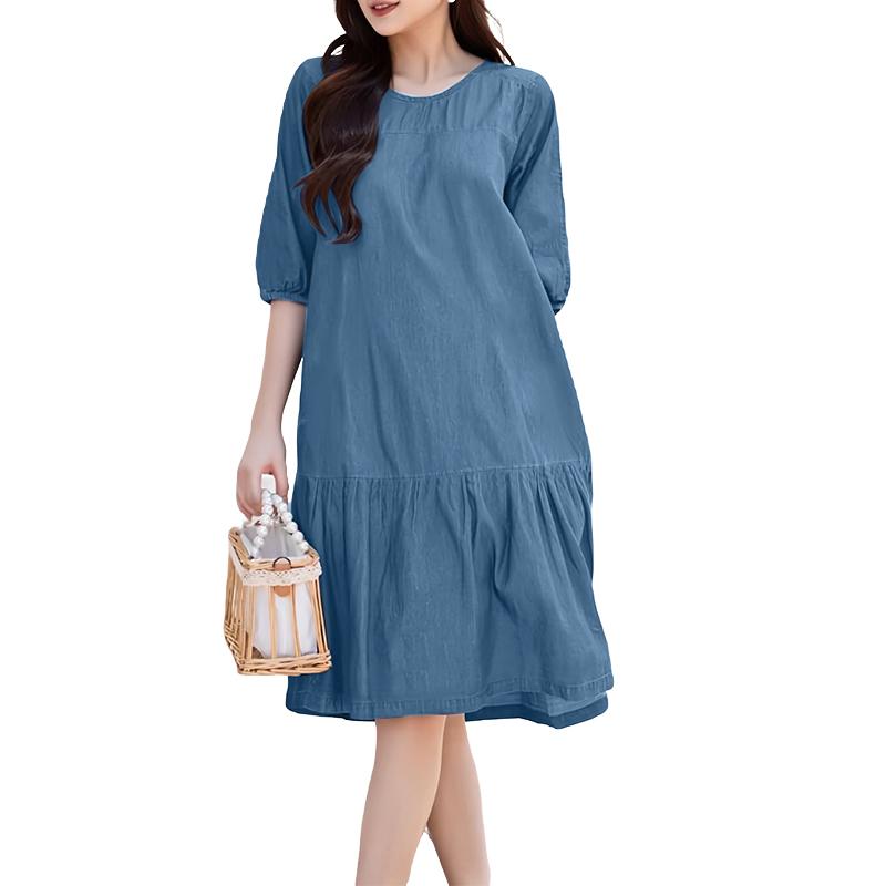 ZANZEA Женское повседневное платье с круглым вырезом, рукавом до локтя и свободным кроем