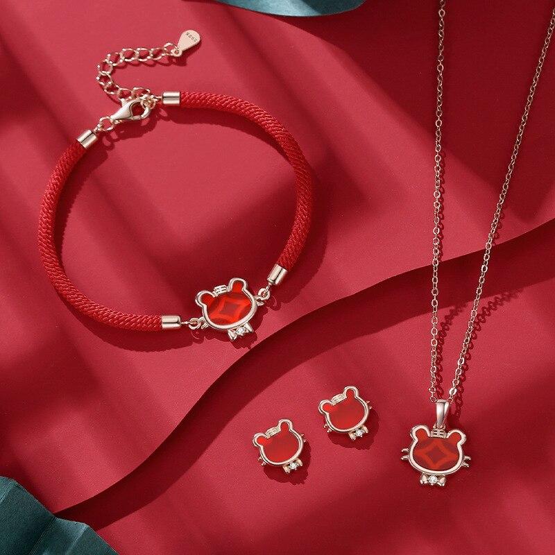 Chinese Style Original New Year Of The Tiger Zodiac Earrings Female S925 Sterling Silver Niche Design Red Agate Women Earrings