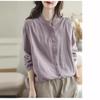 Women's Retro Cotton Linen Slimming Long Sleeve Shirt - Solid Color, Loose Fit for Spring & Autumn.