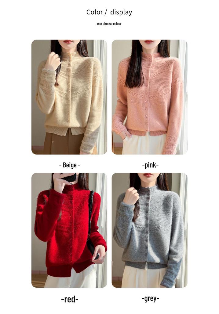 Women's Hollow Crochet Wool Knit Cardigan Sweater with Stand Collar - Autumn/Winter Temperament
