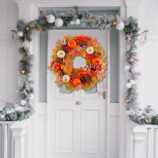 18 Inch Fall Wreath for Front Door Autumn Artificial Wreath with Pumpkin Maple Leaves Berries Pine Cones for Thanksgiving