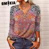 Autumn Loose Long Sleeve Flower Bold V-neck T-shirt Base for Women