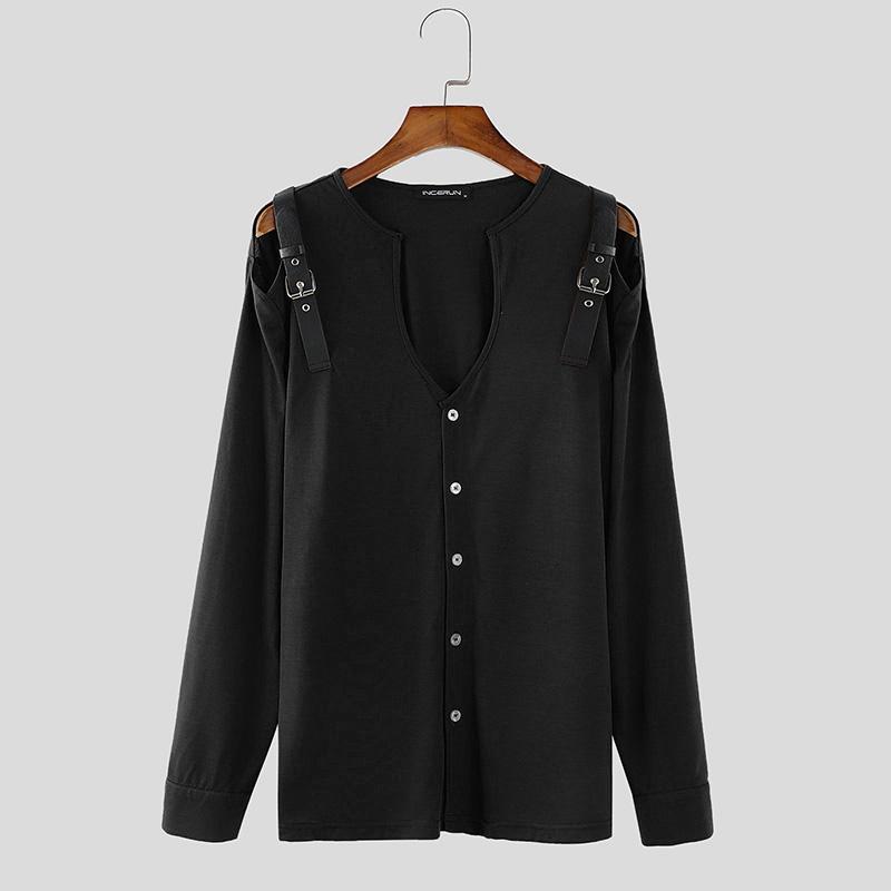 INCERUN Men Cutout Shoulder Patchwork Long Sleeve Casual Buttons T-Shirts Undershirts