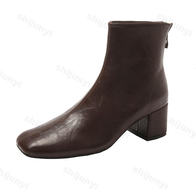 Модные женские кожаные ботинки 2025 Осень Новые Платье Женские Короткие Ботинки Модные На среднем каблуке Женские ботильоны Высокие каблуки Zapatos De Mujer
