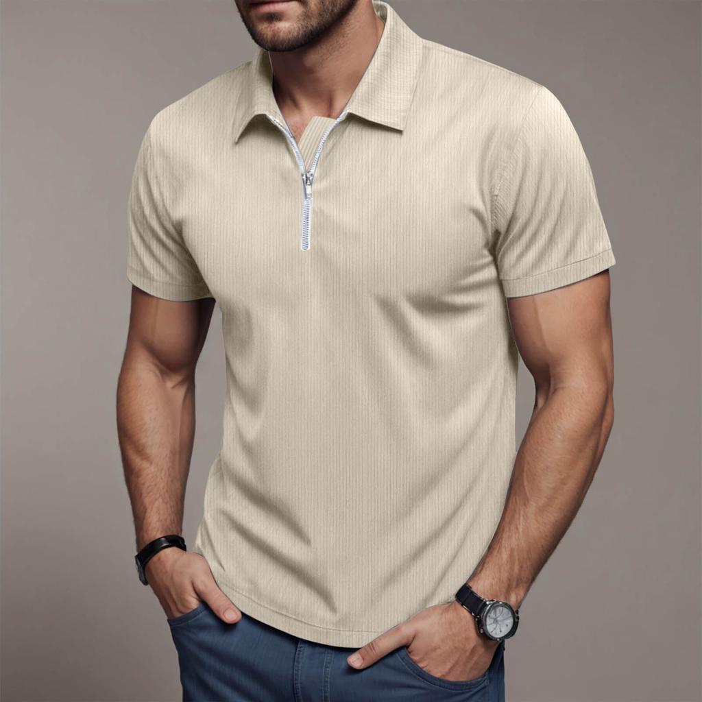Мужская летняя свободная футболка из вельвета с коротким рукавом и застежкой-молнией на лацкан, однотонная легкая и дышащая рубашка, топы