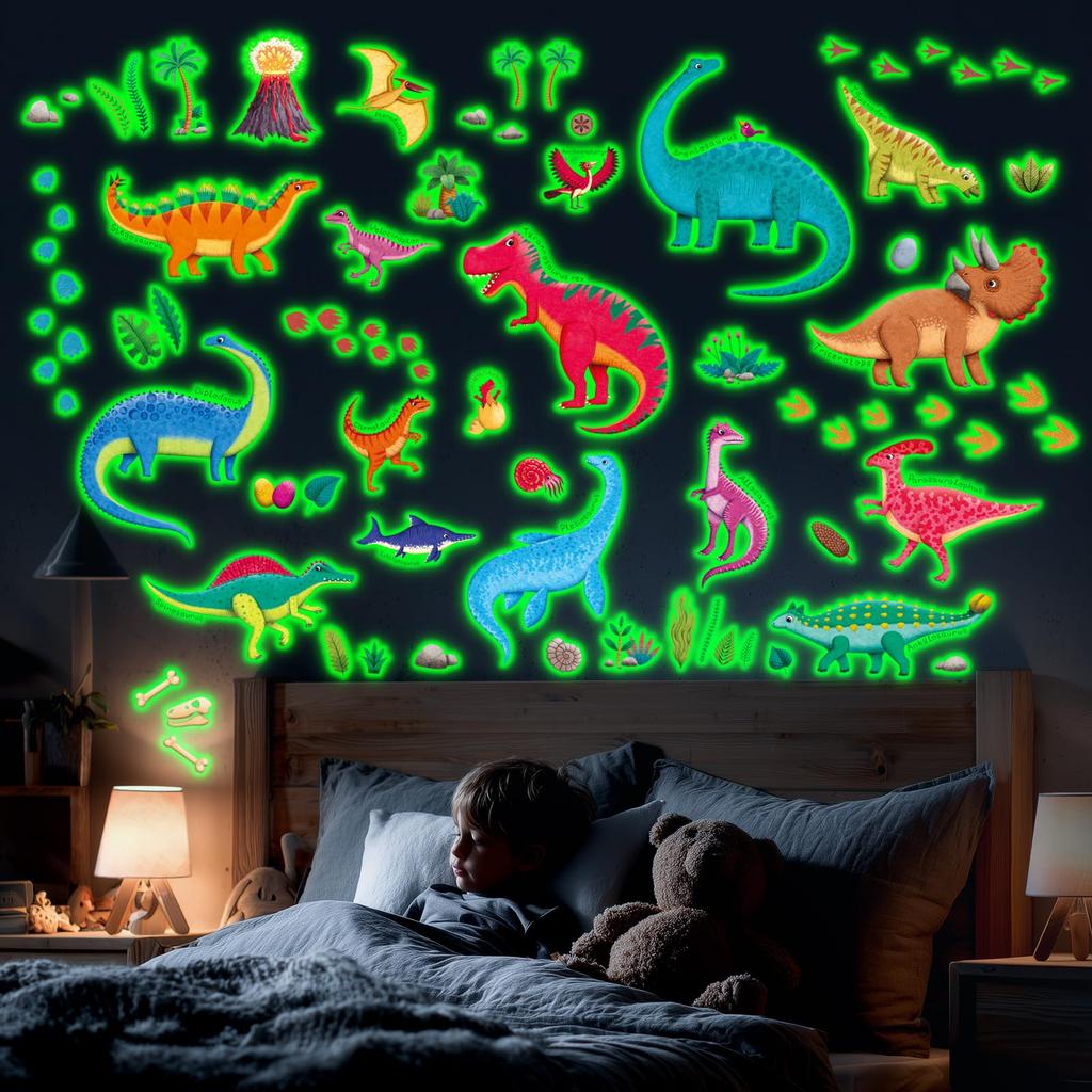 DECOWALL Dinosaur Wall Stickers Dinosaur Stickers for Wall Easy Application Glow-in-the-Dark - Luminous, Glow-in-the-Night Kids' Rooms, Boys'