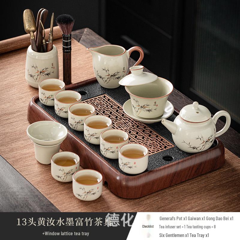 Элегантный керамический набор для чайной церемонии Гунфу в стиле Цзюнь: Включает китайский чайник с ручкой, гайвань, чашки и поднос для роскошного домашнего чаепития.