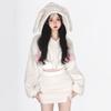 2 dona/toʻplam Ayollar uchun kapyushonli yubka kostyumi Qalin plyush quyon quloqlari dekorli qisqa top yuqori bel Slim-fit mini yubka toʻplami Uyda xarid qilish uchun kospley partiya kiyimi