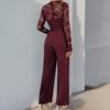Женский формальный комбинезон с длинными рукавами и кружевом, с завышенной талией и широкими брюками, ромпер с поясом, летний