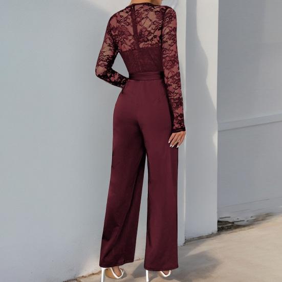 Женский формальный комбинезон с длинными рукавами и кружевом, с завышенной талией и широкими брюками, ромпер с поясом, летний