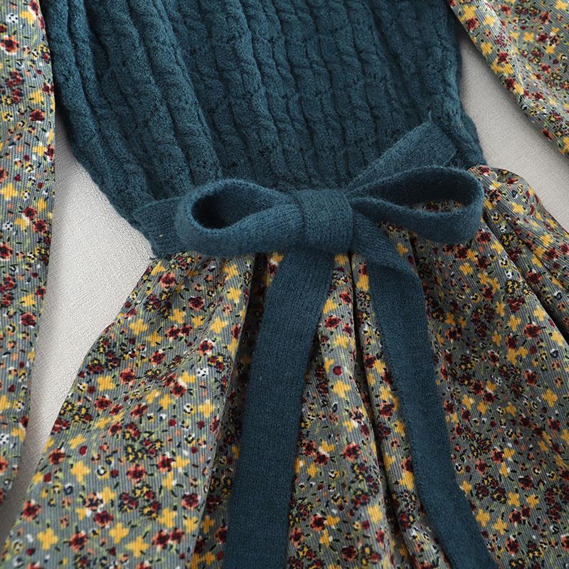 Corduroy Floral Women Dresses Vintage Knitted Patchwork Vestidos  Sweet Korean Long Dress A-line