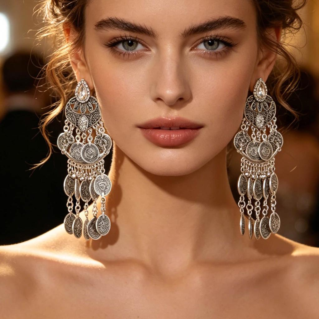 Bohemian ethnic style earrings, long tassel metal drop earrings, fashionable exotic ethnic earrings