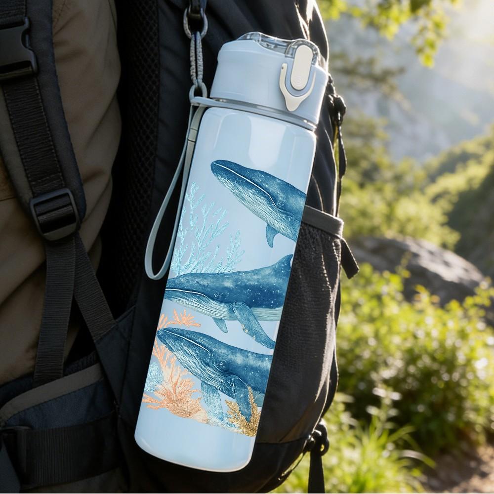 1PC Three Shark Ocean Swimming Group 750ml Color Plastic Sports Water Bottle Leakproof Flip Straw Lid Suitable for Sports Office Home Use