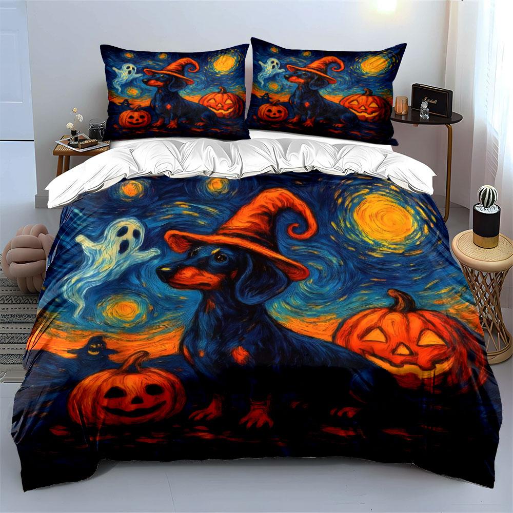 Halloween Dog Decor Set Bedding Set with 1 Duvet Cover 2 Pillowcases Single Double King Queen, Gift