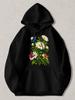 Black Hooded Pullover Hoodie with Vibrant Daisy & Butterfly Floral Print & Glowing Sparkle Design - Casual Streetwear Sweatshirt M