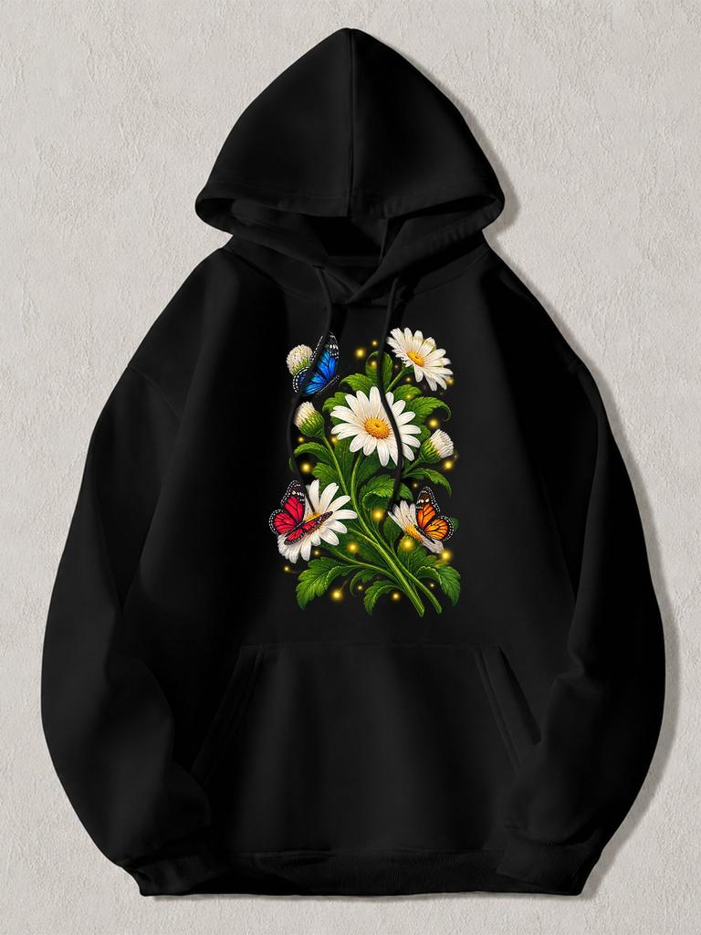 Black Hooded Pullover Hoodie with Vibrant Daisy & Butterfly Floral Print & Glowing Sparkle Design - Casual Streetwear Sweatshirt M