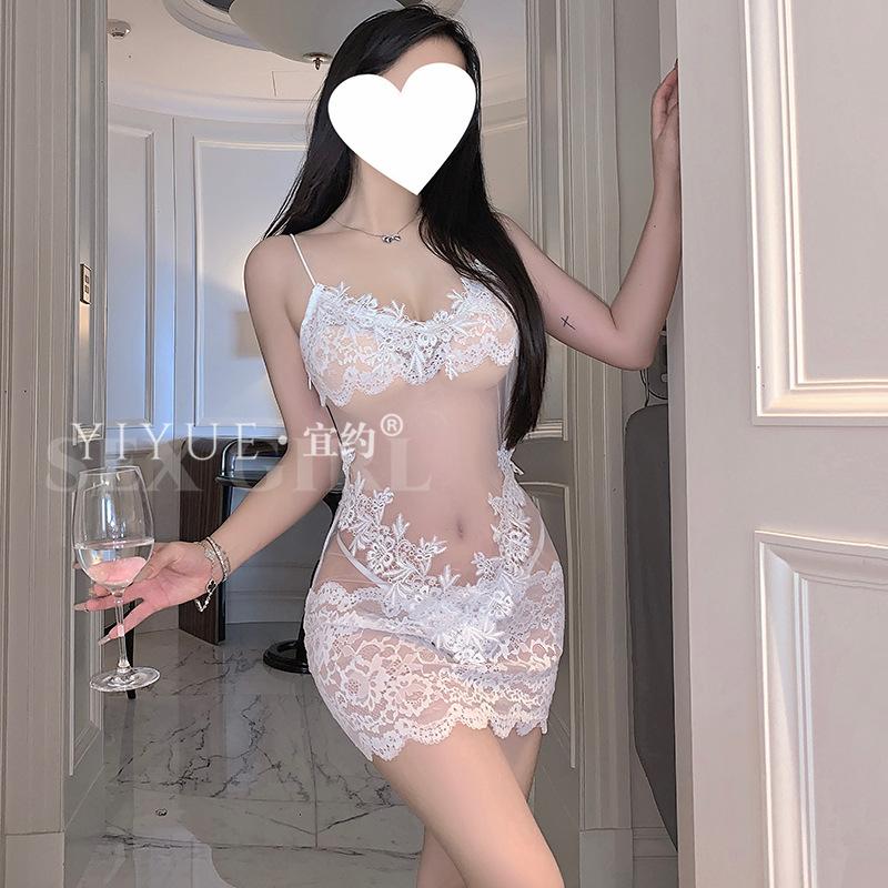 Erotic Lingerie, Sexy and pure desire, halter lace pajamas, large see-through seductive, hip-hugging, no-take sleeping dress 1327