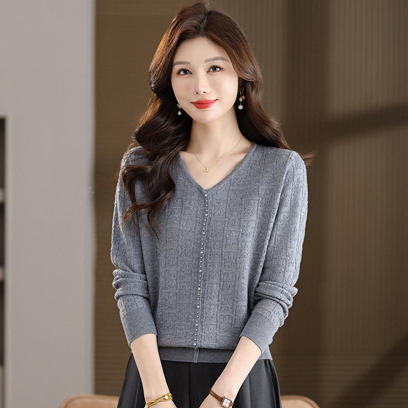 Мамин осенний трикотажный свитер с V-образным вырезом: Модный, Свободный, Теплый Топ для Женщин Среднего и Пожилого Возраста
