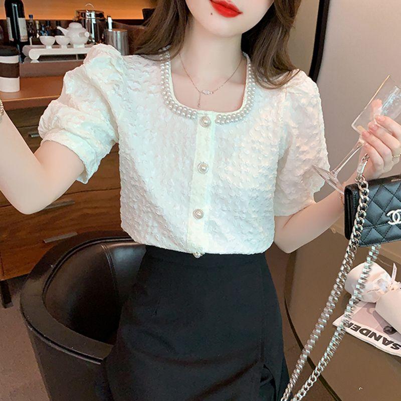 WTEMPO Брендовая модная рубашка с короткими рукавами и пузырьковыми рукавами, женская летняя темпераментная рубашка с квадратным воротником и сотней бус