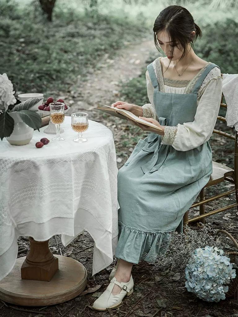 Волнистый сарафан Французский пасторальный Флорист Артистичный Хлопково-льняной Винтажный Фартук Кухня Выпечка Скандинавский Однотонный Фартук с оборками