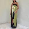 Women Maxi Dress Off Shoulder Sleeveless Backless Color Matching Print Slim Fit Straight Bandeau Anti-slip Prom