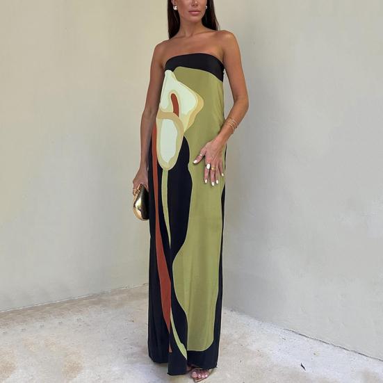 Women Maxi Dress Off Shoulder Sleeveless Backless Color Matching Print Slim Fit Straight Bandeau Anti-slip Prom
