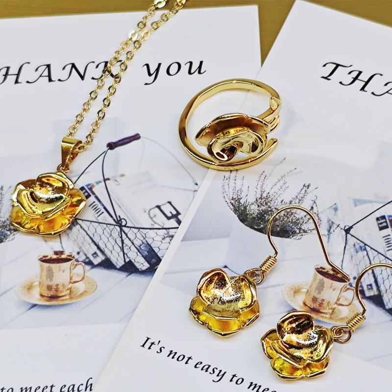 Изысканные цветочные наборы женские ювелирные изделия цвета шампанского золота серьги кольцо кулон цепочка комбинированный комплект