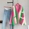 FiveFive Women's Single Breasted V-neck Knitwear Cozy Loose Cardigans Women Sweaters Autumn Sweater Colorful Striped Cardigan