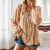 Women's Autumn V Neck Lantern Sleeve Lace Up Temperament Commuter Printed Shirt Blouses