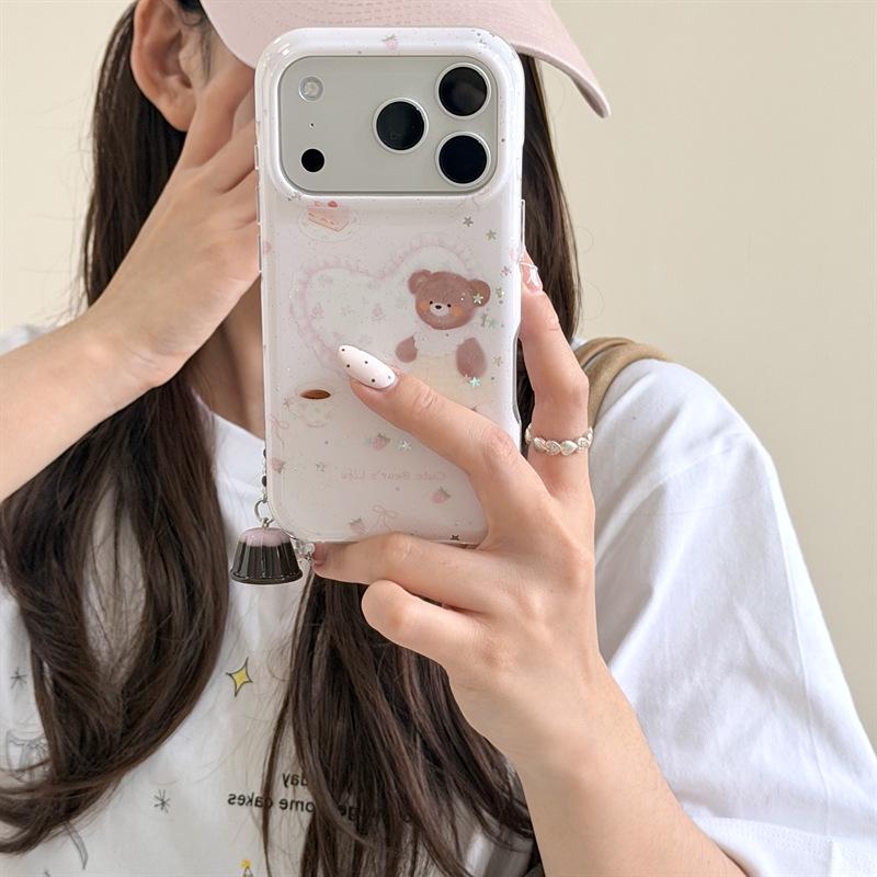 Японский Корейский Розовый Клубничный Медведь Сердце iPhone 17/16ProMax/15/14 Девчачий Чехол для Телефона