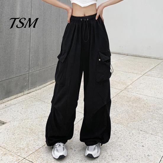 Trousers Women Cargo Pants Hip Hop Baggy Solid Color Multi Pockets Elastic Waist Match Top Loose Breathable Lady Clothes
