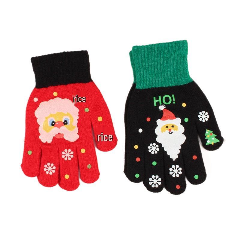 Children's Cute Cartoon Knitted Christmas Gloves - Five-Finger Warm Style for Boys and Girls