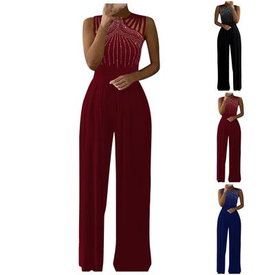 Женский однотонный кирпичный комбинезон без рукавов с круглым вырезом