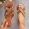 Flat-bottomed Slippers Women's New Chain Round Head One-character Outer Wear Casual Sandals