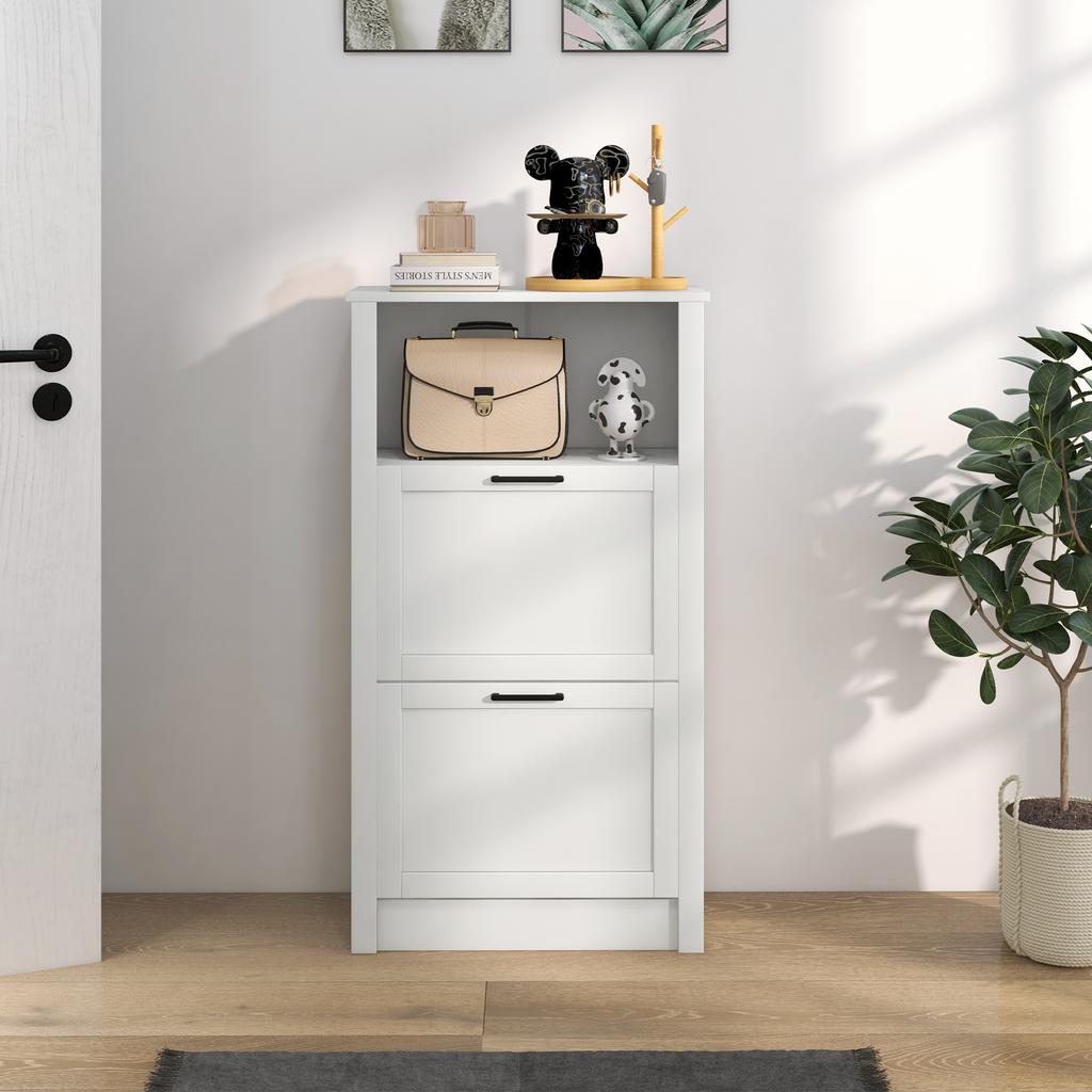 Narrow Shoe Cabinet with 2 Doors Adjustable Shelves and Open Compartment for 10 Pairs of Shoes 58x24x105 cm White