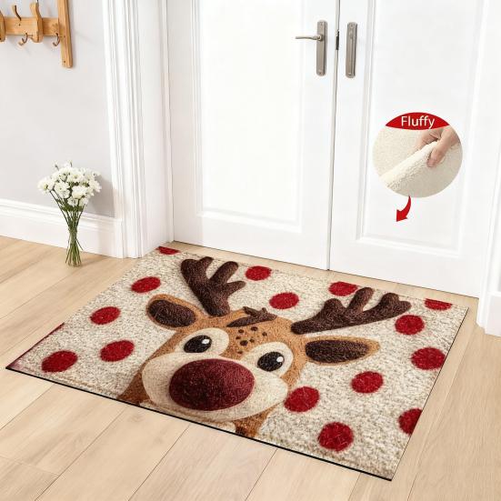 Коврик на пол из искусственного меха, мультяшный рисунок оленя и собаки, рождественская тематика, нескользящий коврик, декор для гостиной, спальни, кухни