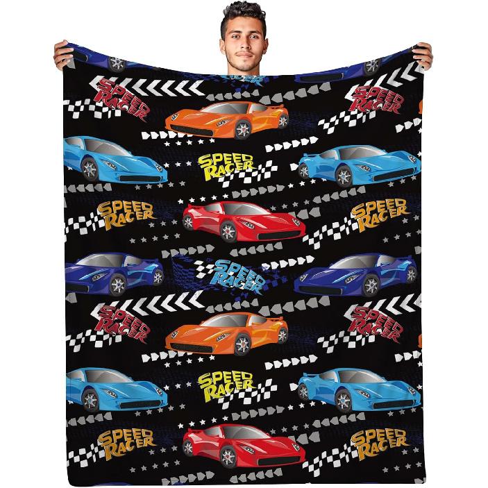 WZOMT Race Car Blanket for Kids Boys, Funny Red and Blue Sportcar Speed Racer Throw Blankets, Cool Car Lovers Gifts for Men Boys, Soft Cozy Fleece