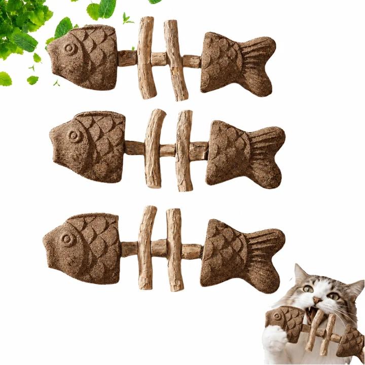Кошачья мята Серебряная лоза Форма рыбьей кости Игрушка-грызунок для кошек Натуральное дерево Мятная палочка для чистки зубов Набор из 3 штук для домашних животных в помещении
