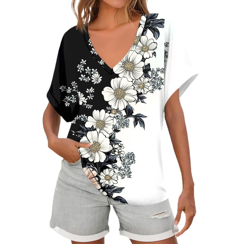 Womens Short Sleeve V-Neck Shirts Floral Print Loose Casual Basic Tees Summer Tops