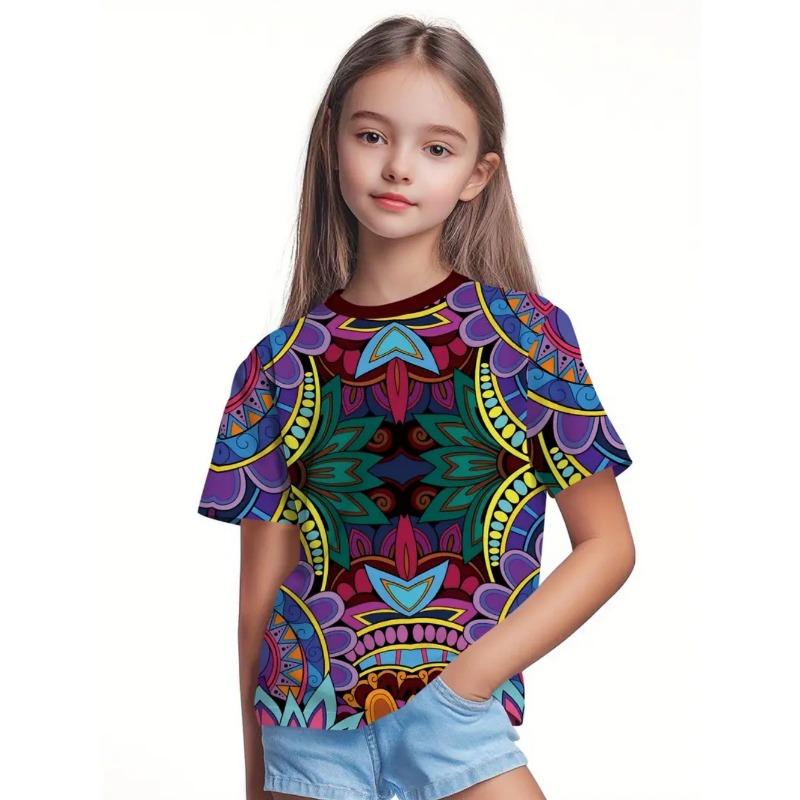 Красивая футболка для девочек Красивый цветочный 3D-принт Летняя мода Топы с круглым вырезом и короткими рукавами Повседневные футболки для детей