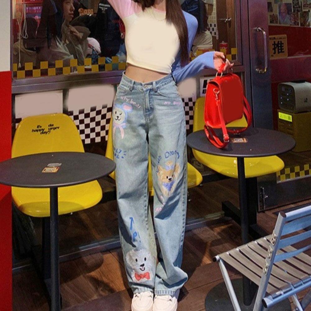 Прямые джинсовые брюки Ins Милые мультяшные ковбойские штаны Джинсы Харадзюку Женские Y2K Весна Осень