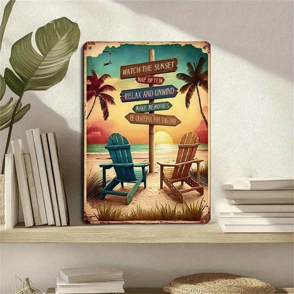 1 шт. Жестяная табличка «Закат на пляже» 8x12 дюймов, Винтажное морское настенное искусство, Металлический декор «Расслабляющий океанский бриз», Ретро-убежище на берегу моря