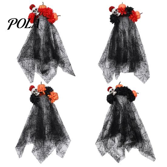 Gothic Halloween Headpiece Pumpkin Skull Floral Headband, Stable Hair Hoop with 3D Artificial Spooky Headband Flowers And Spiderweb Black Gauze Party