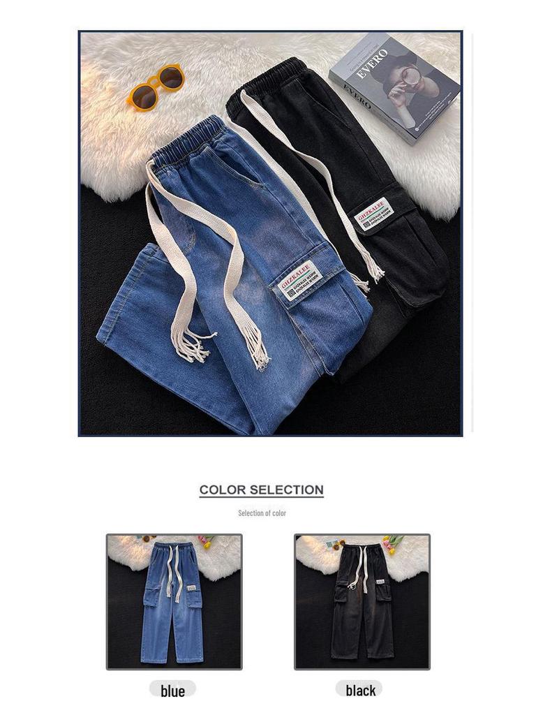 Летние свободные прямые джинсы для мальчиков с большими карманами — повседневный облегающий стиль.