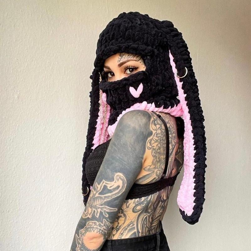 New Hand-Knitted Velvet Rabbit Ear Hat with Devil Horns - Warm, Thick, Sweet, and Stylish Spicy Girl Face Mask